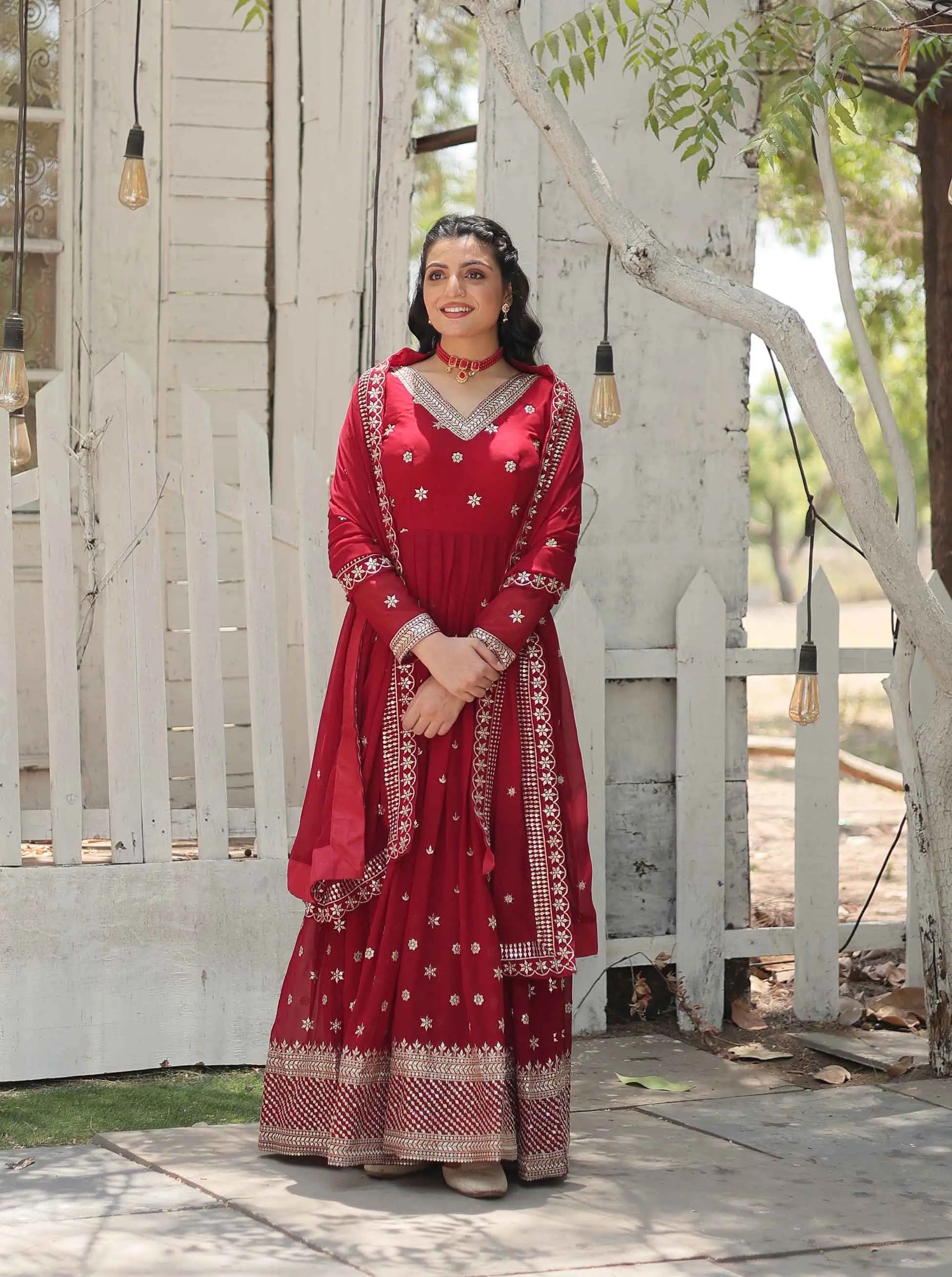Merlot Red Gown Zari Sequins Embroidery Work And Dupatta - qivii