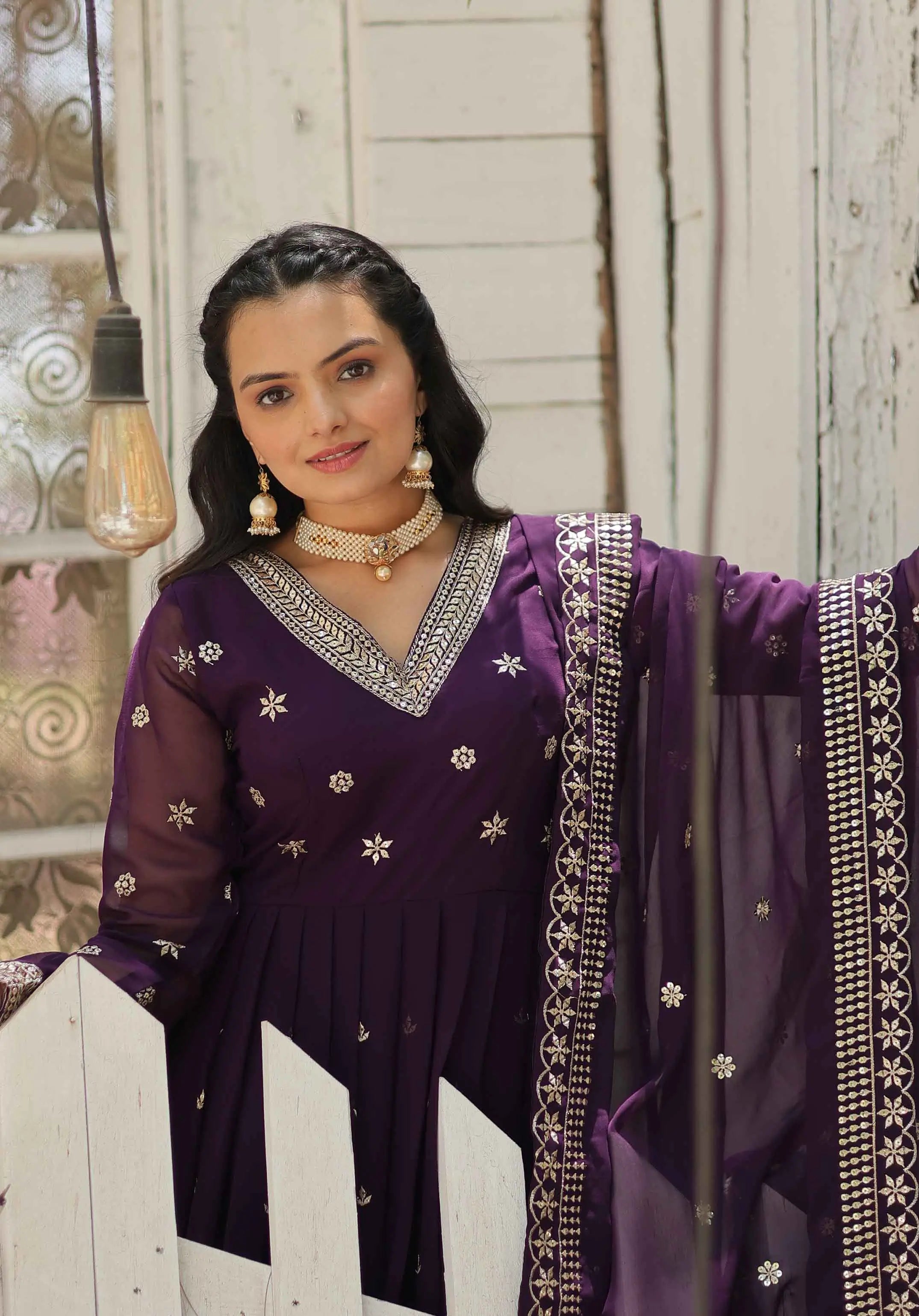 Dark Purple Gown Zari Sequins Embroidery Work And Dupatta - qivii