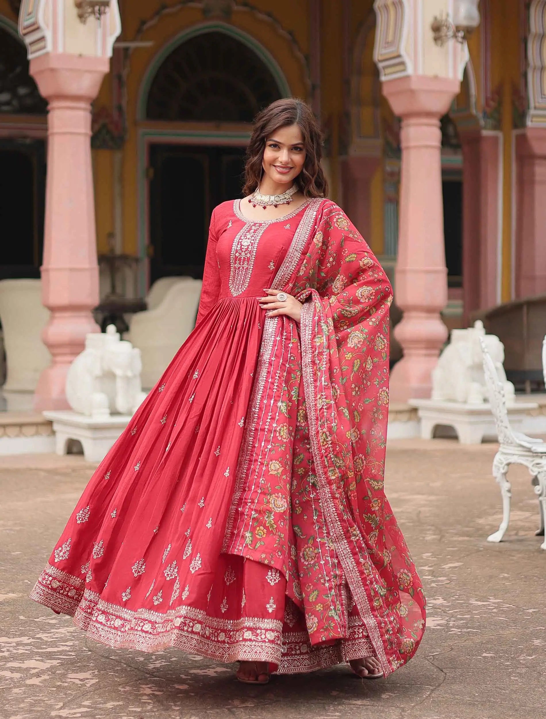 Bean Red Sequins Embroidery Work Gown With Print Dupatta - qivii