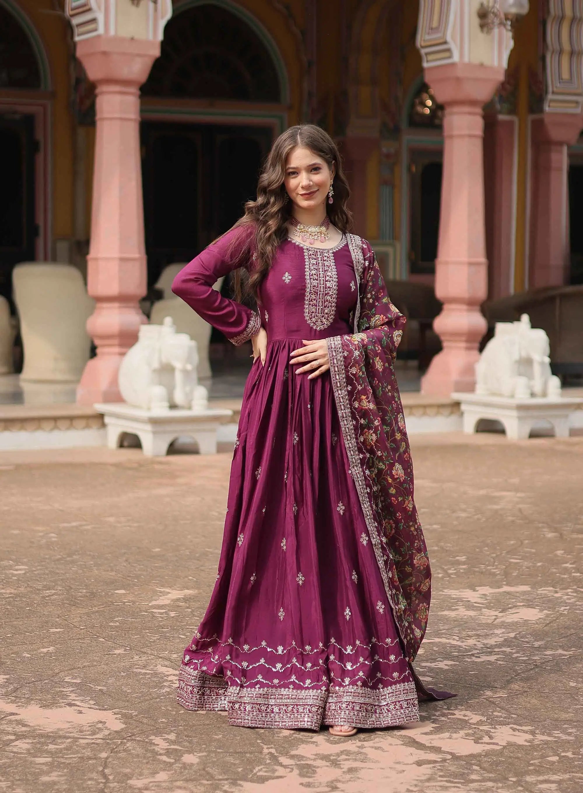Dark Raspberry Sequins Embroidery Work Gown With Print Dupatta - qivii