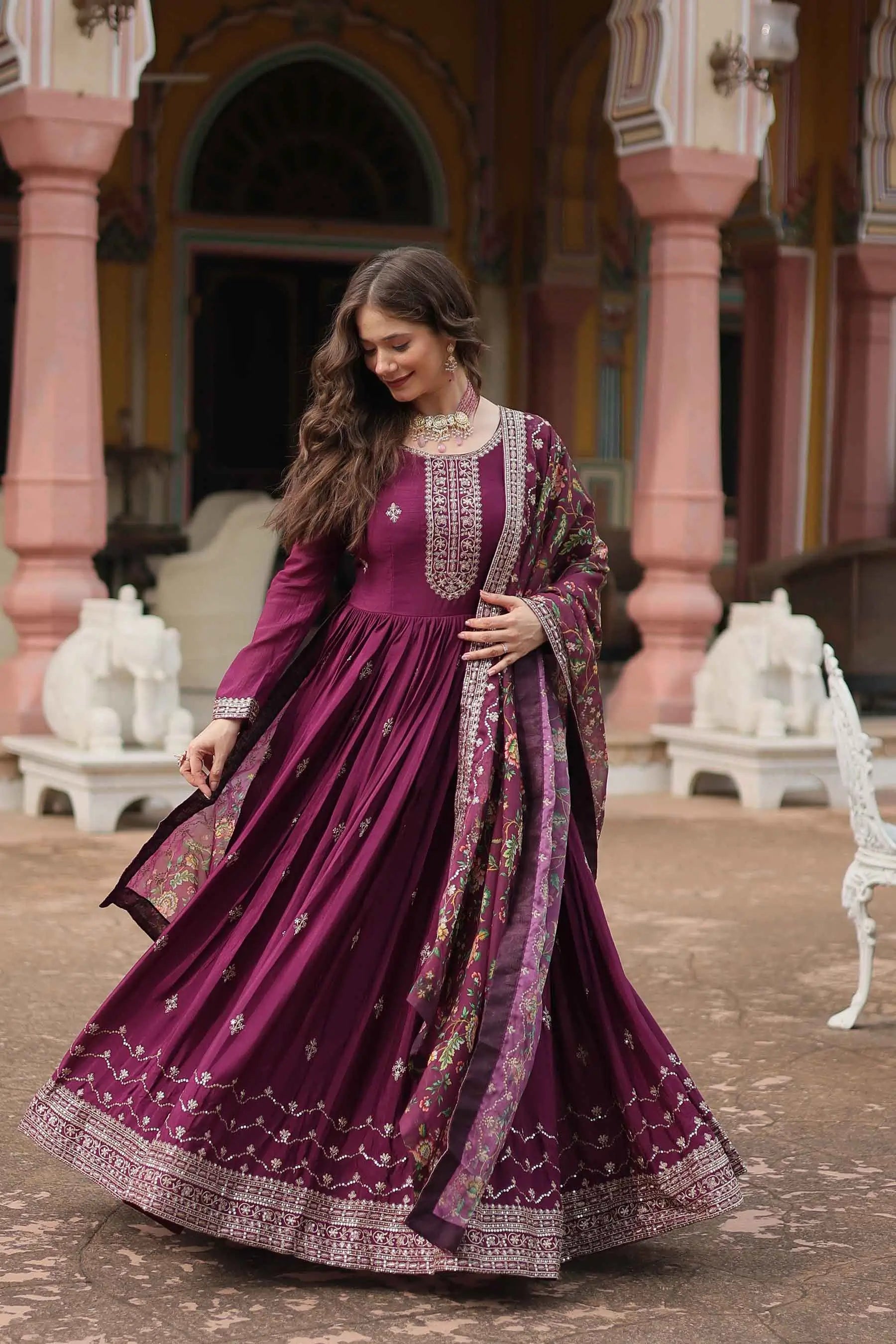 Dark Raspberry Sequins Embroidery Work Gown With Print Dupatta - qivii