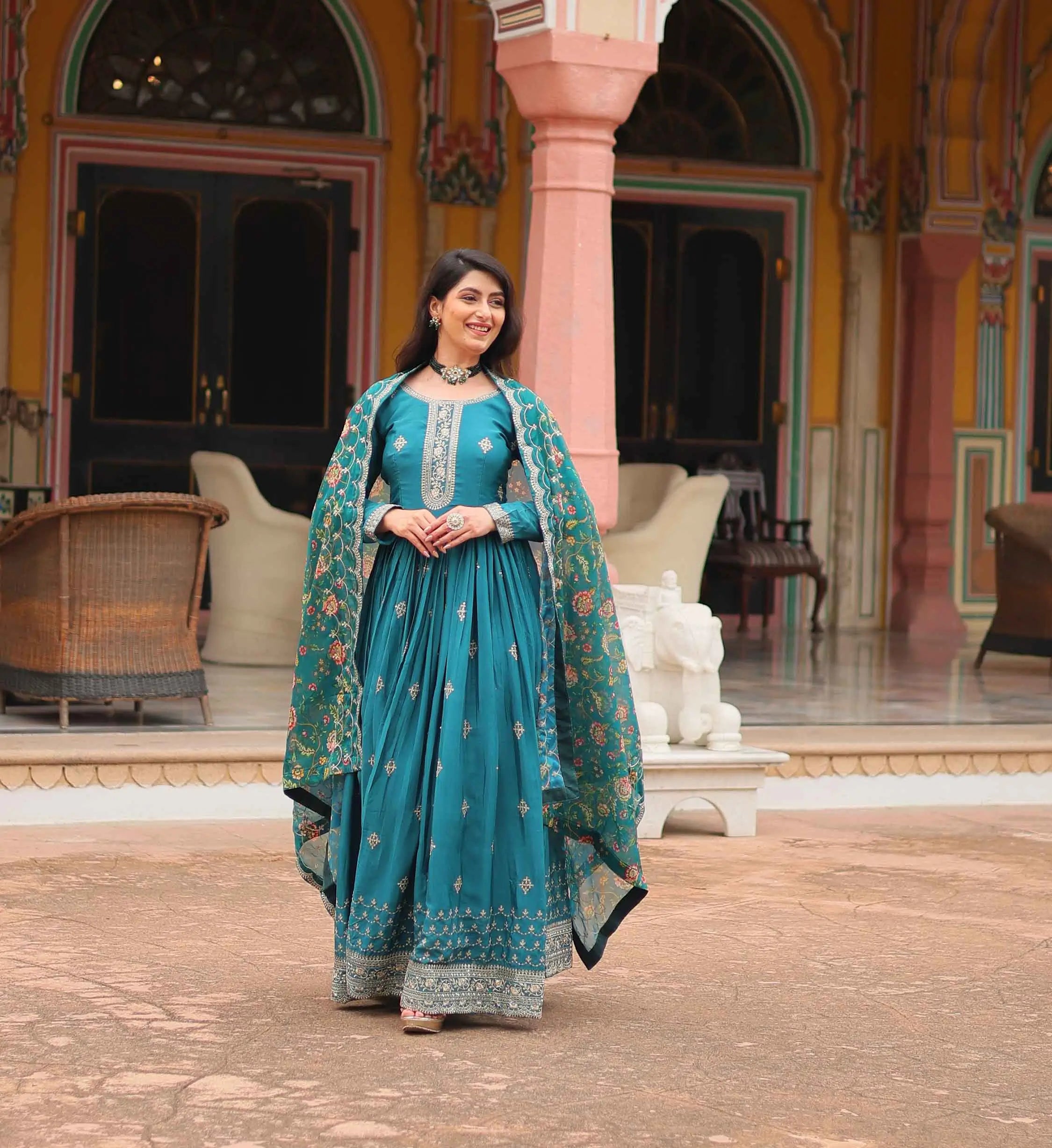Eastern Blue Sequins Embroidery Work Gown With Print Dupatta - qivii