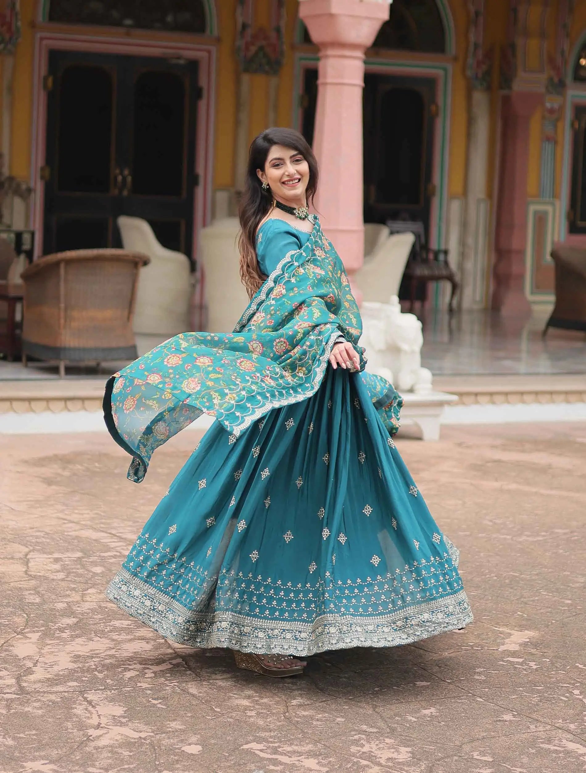 Eastern Blue Sequins Embroidery Work Gown With Print Dupatta - qivii