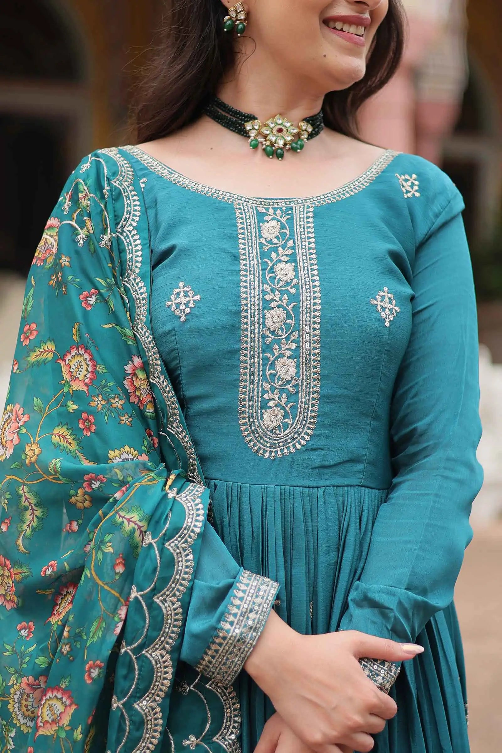 Eastern Blue Sequins Embroidery Work Gown With Print Dupatta - qivii
