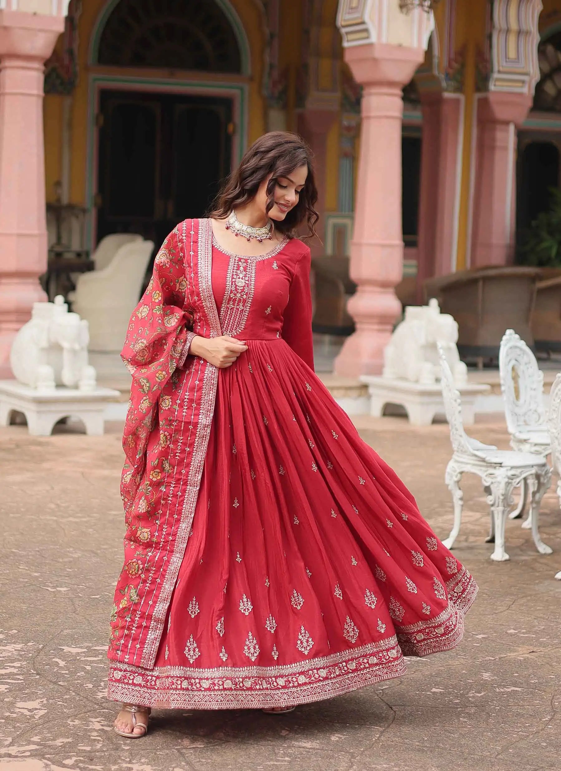 Bean Red Sequins Embroidery Work Gown With Print Dupatta - qivii