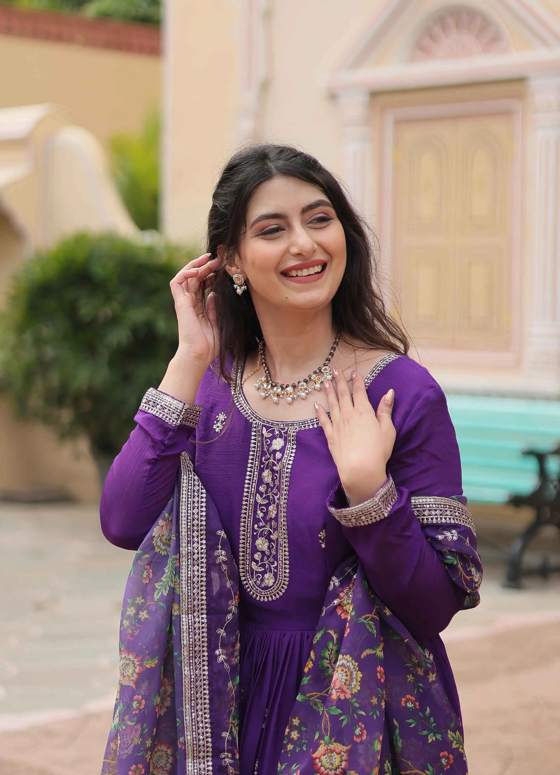 Dark Purple Sequins Embroidery Work Gown With Print Dupatta - qivii