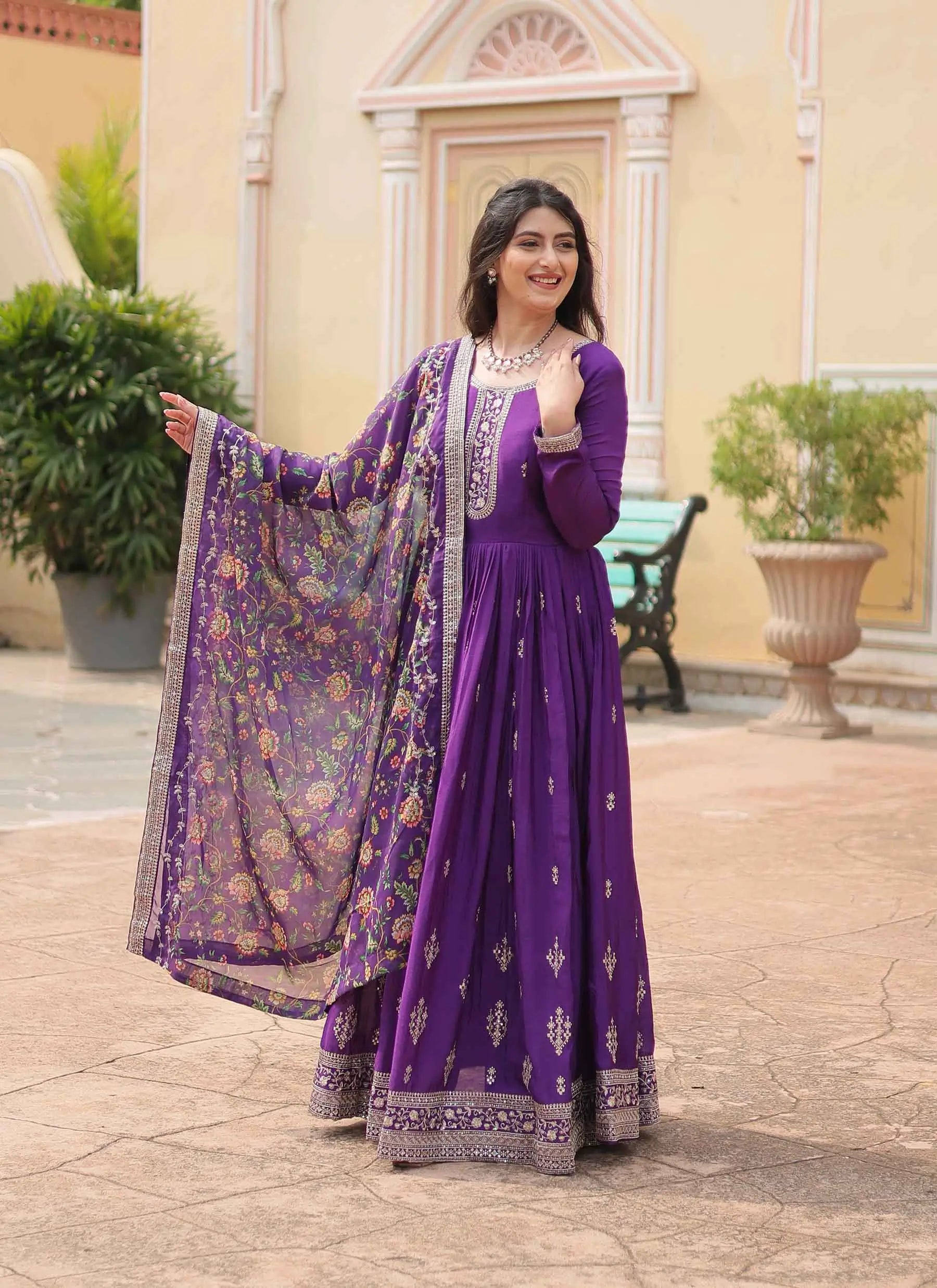 Dark Purple Sequins Embroidery Work Gown With Print Dupatta - qivii