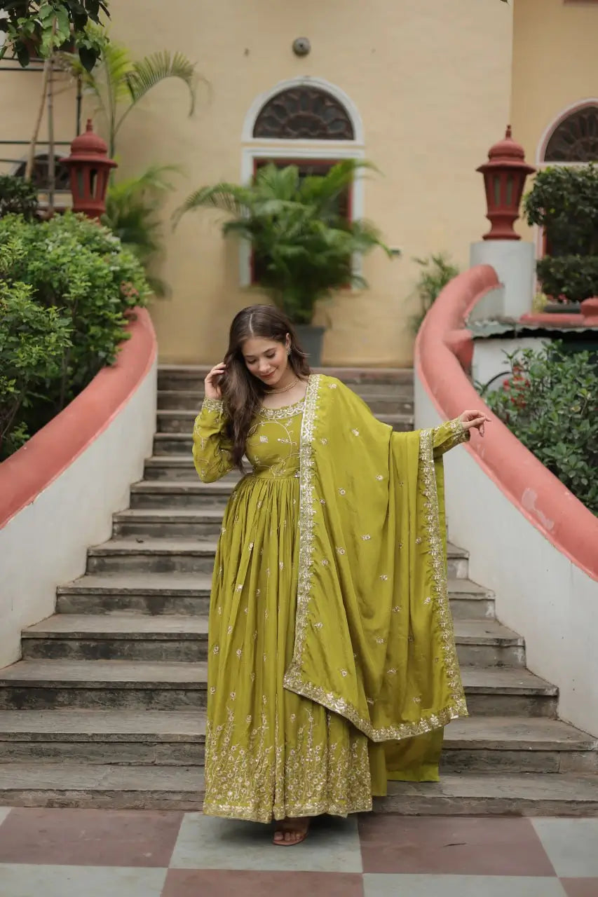 Parrot Chinon Rich Sequins Embroidery Work Side Cut Gown With Dupatta And Sharara
