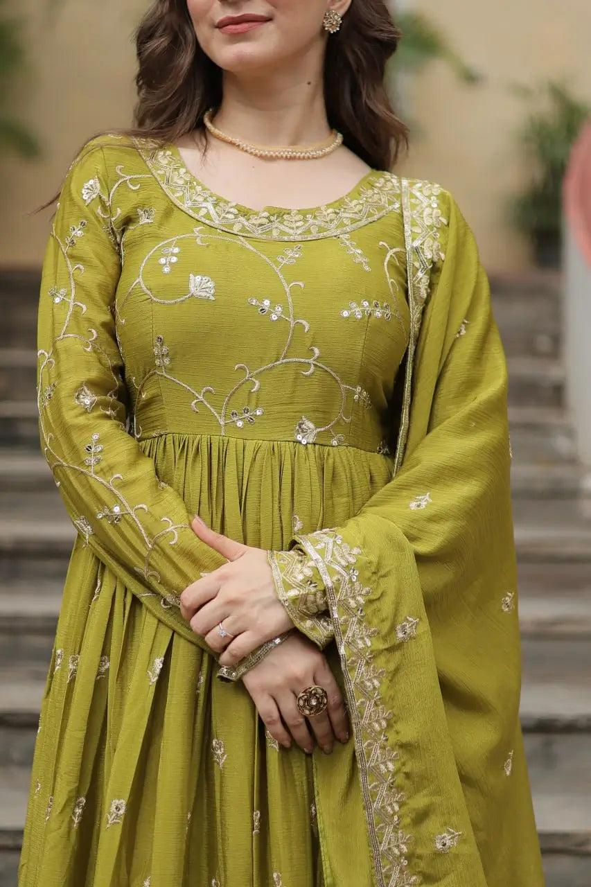 Parrot Chinon Rich Sequins Embroidery Work Side Cut Gown With Dupatta And Sharara