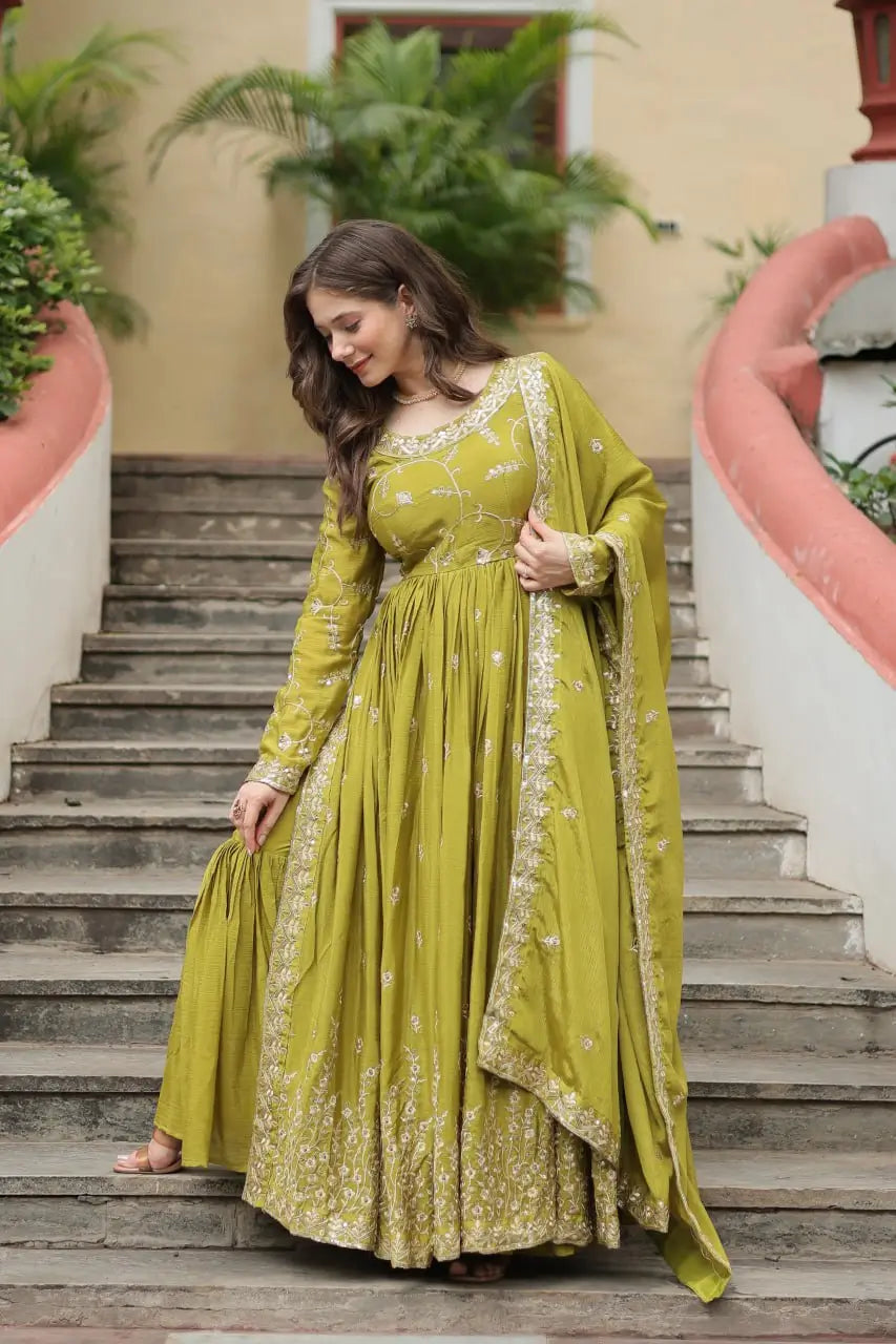 Parrot Chinon Rich Sequins Embroidery Work Side Cut Gown With Dupatta And Sharara