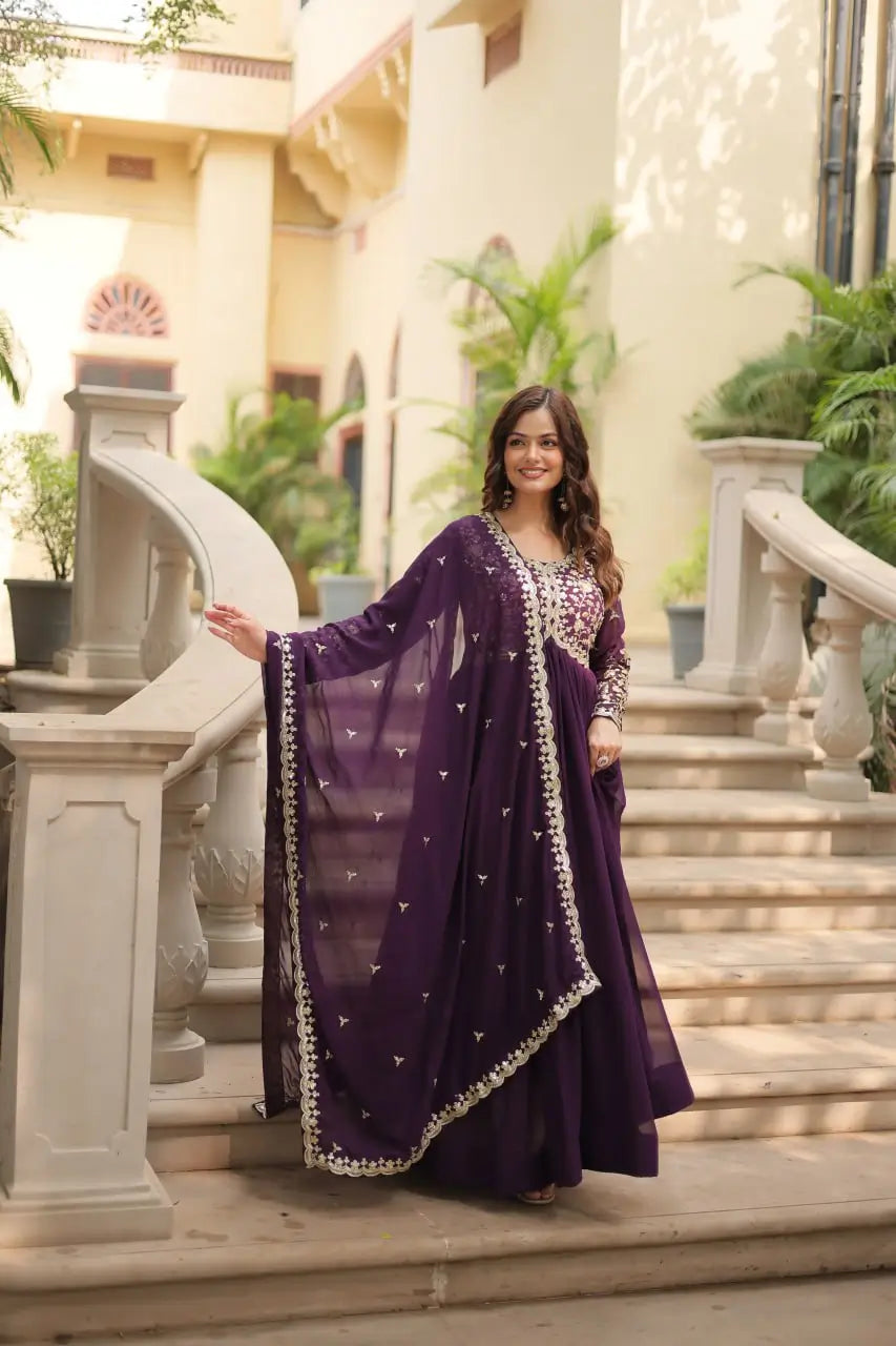 Cinder Wine Georgette Multi Sequins Zari Embroidery Work Gown With Dupatta