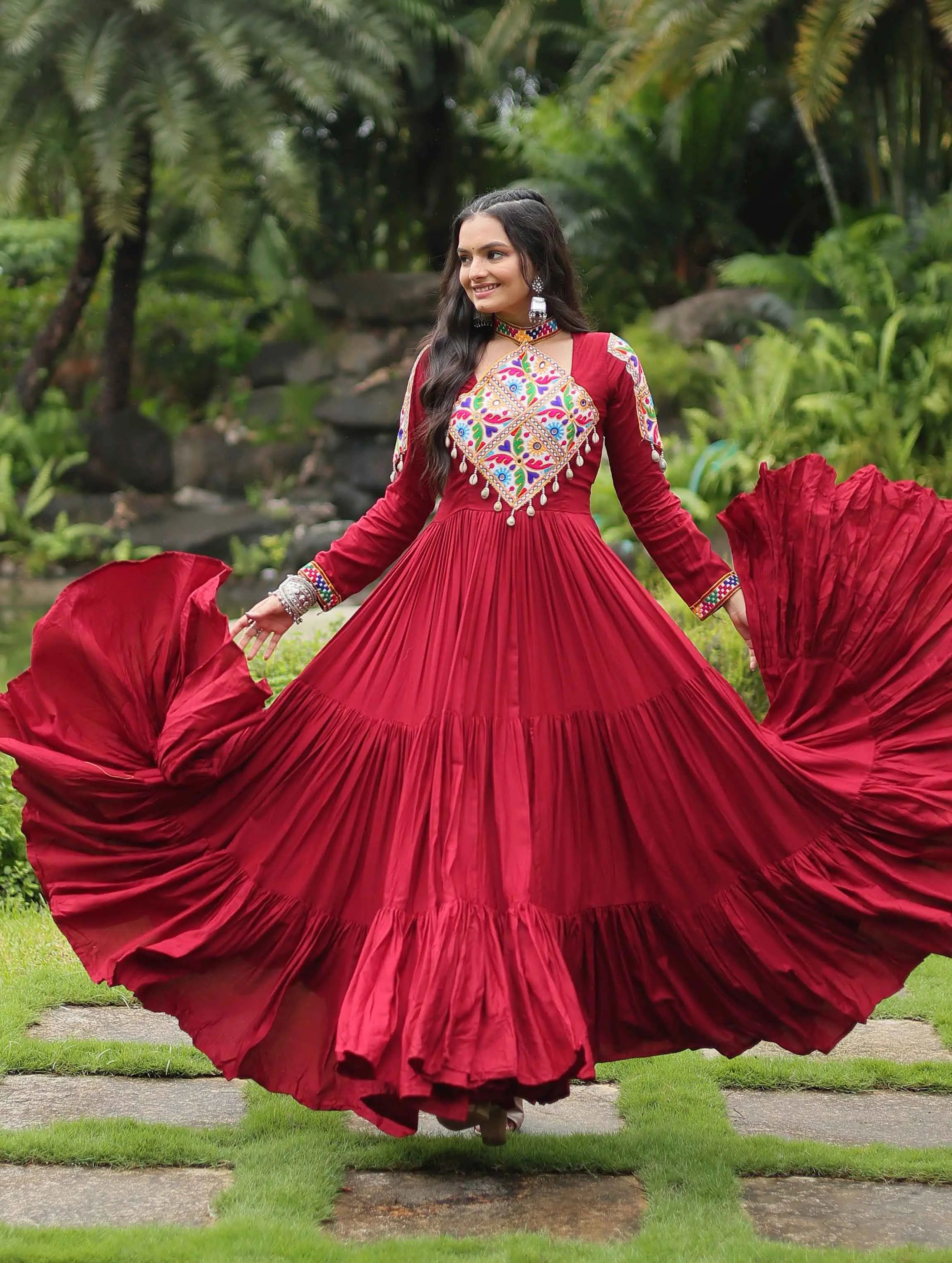 Maroon Rayon Kutchi Gamthi  Patch Work Navratri Gown - qivii