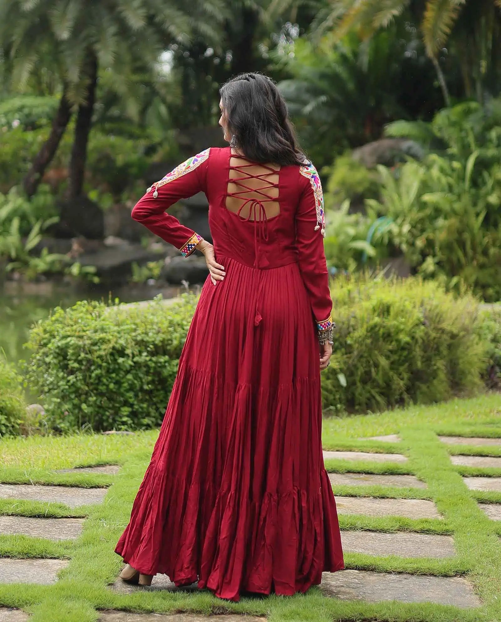 Maroon Rayon Kutchi Gamthi  Patch Work Navratri Gown - qivii