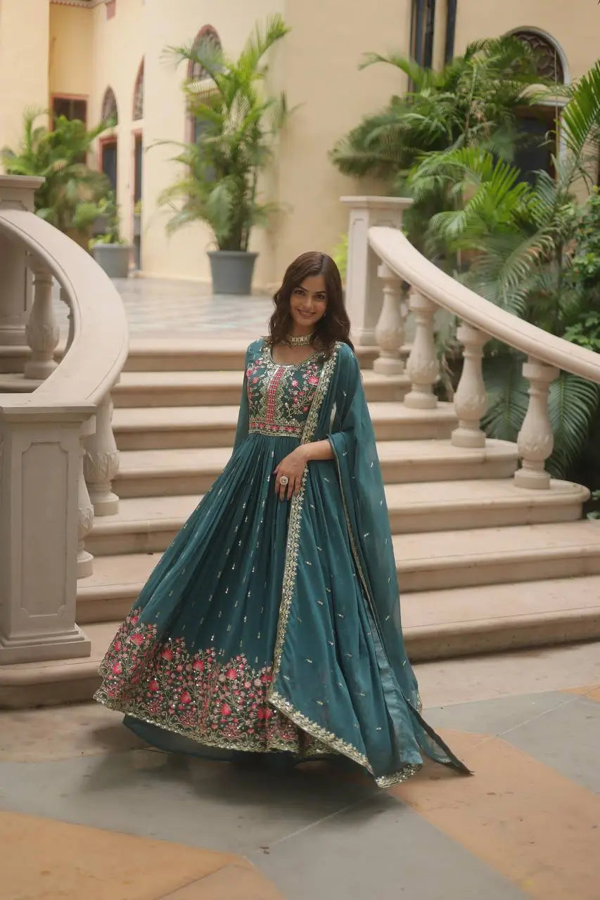 Gable Green Georgette Embroidery Work Side Cut Gown With Dupatta And Sharara