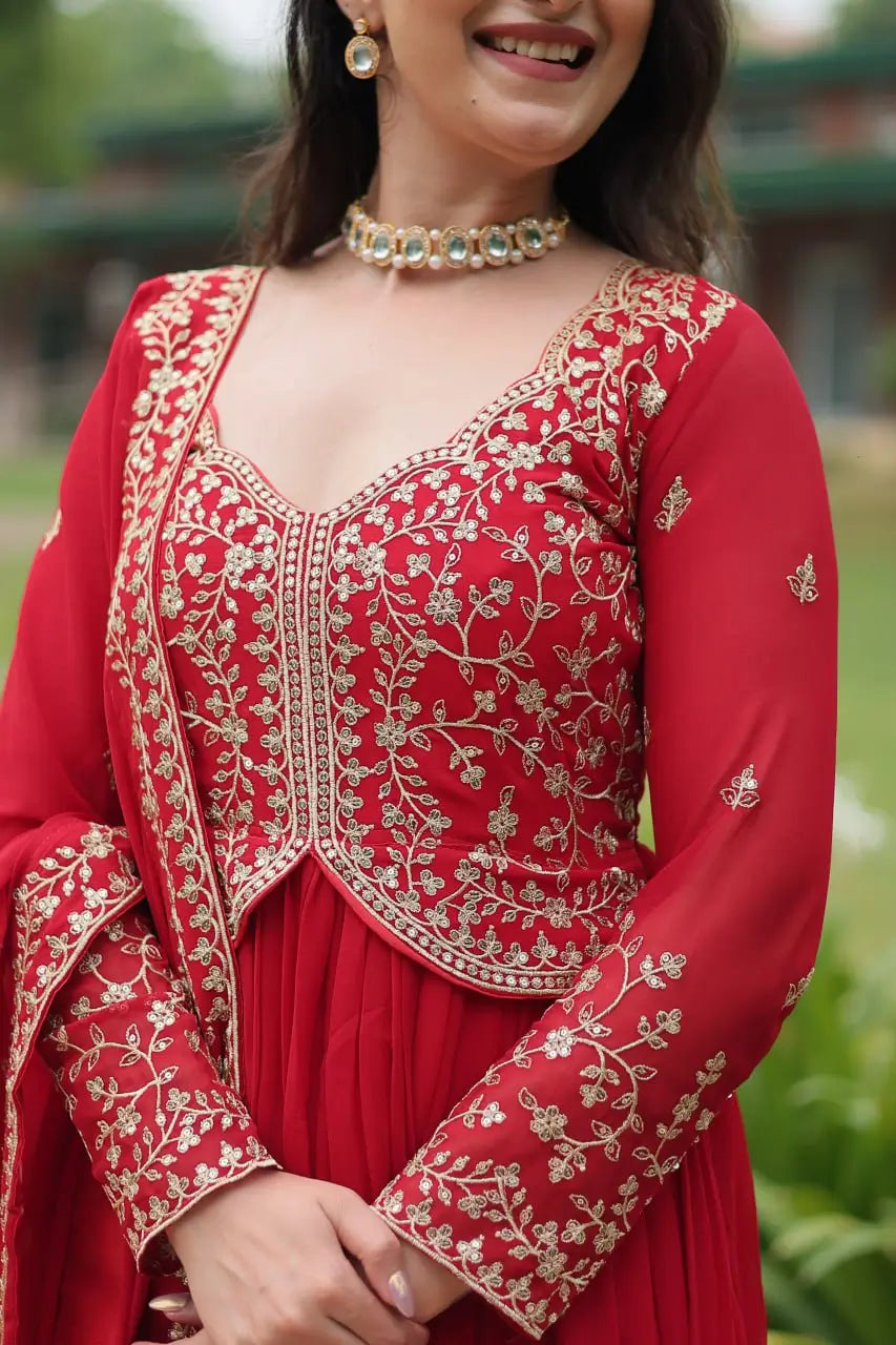 Shiraz Red Zari Multi Sequins Embroidery Work Georgette Gown With Dupatta
