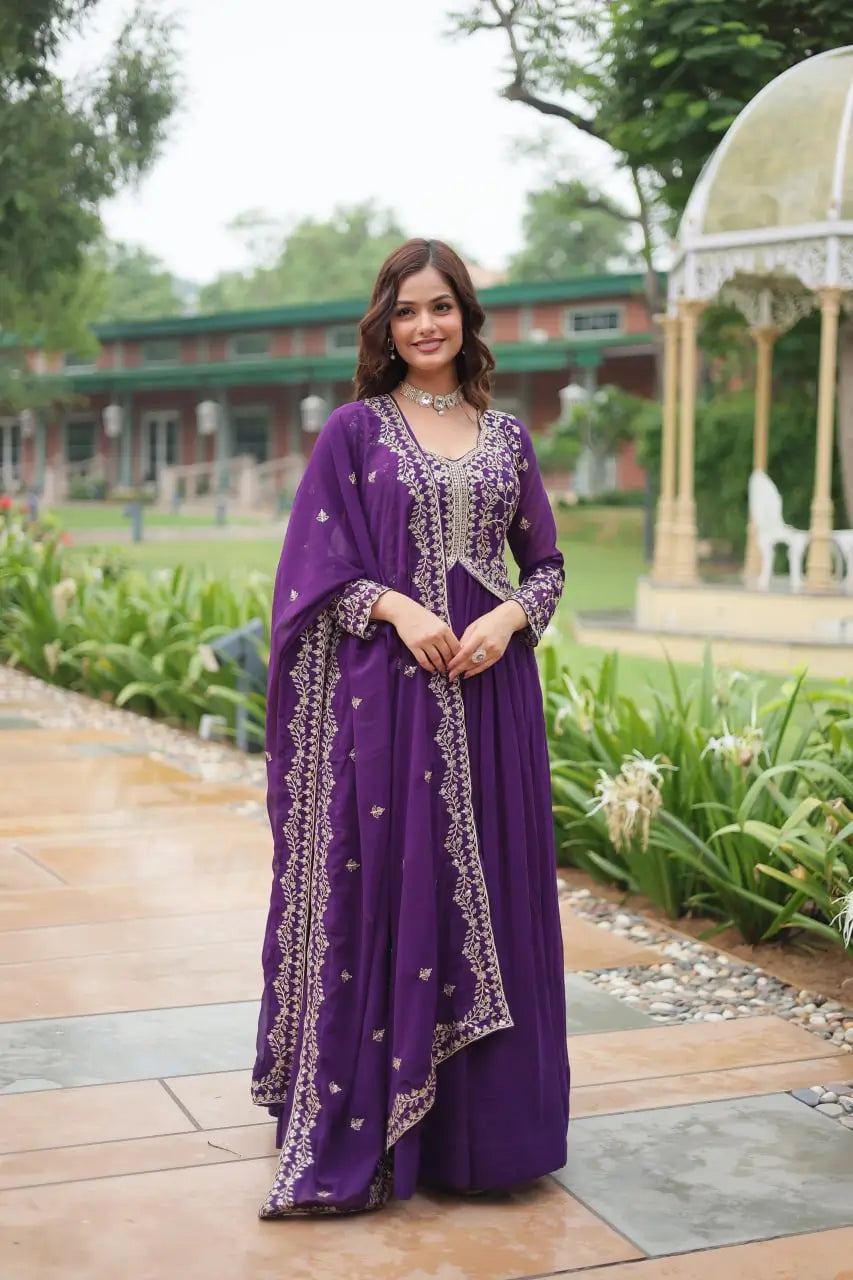 Dark Purple Zari Multi Sequins Embroidery Work Georgette Gown With Dupatta - qivii