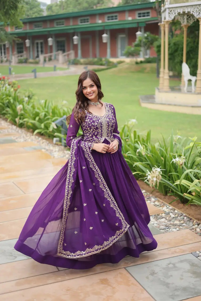 Dark Purple Zari Multi Sequins Embroidery Work Georgette Gown With Dupatta - qivii