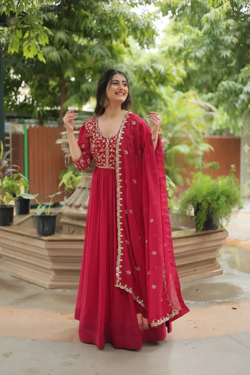 Pink Rich Sequins Embroidery Work Gown With Dupatta