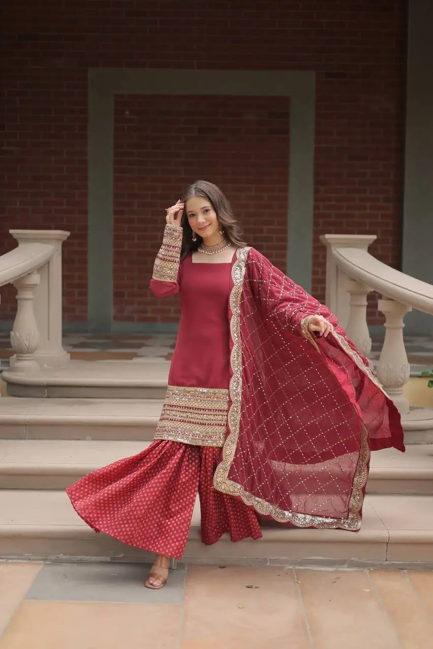 Maroon Georgette Thread Sequins Embroidery Work Sharara Suit With Dupatta