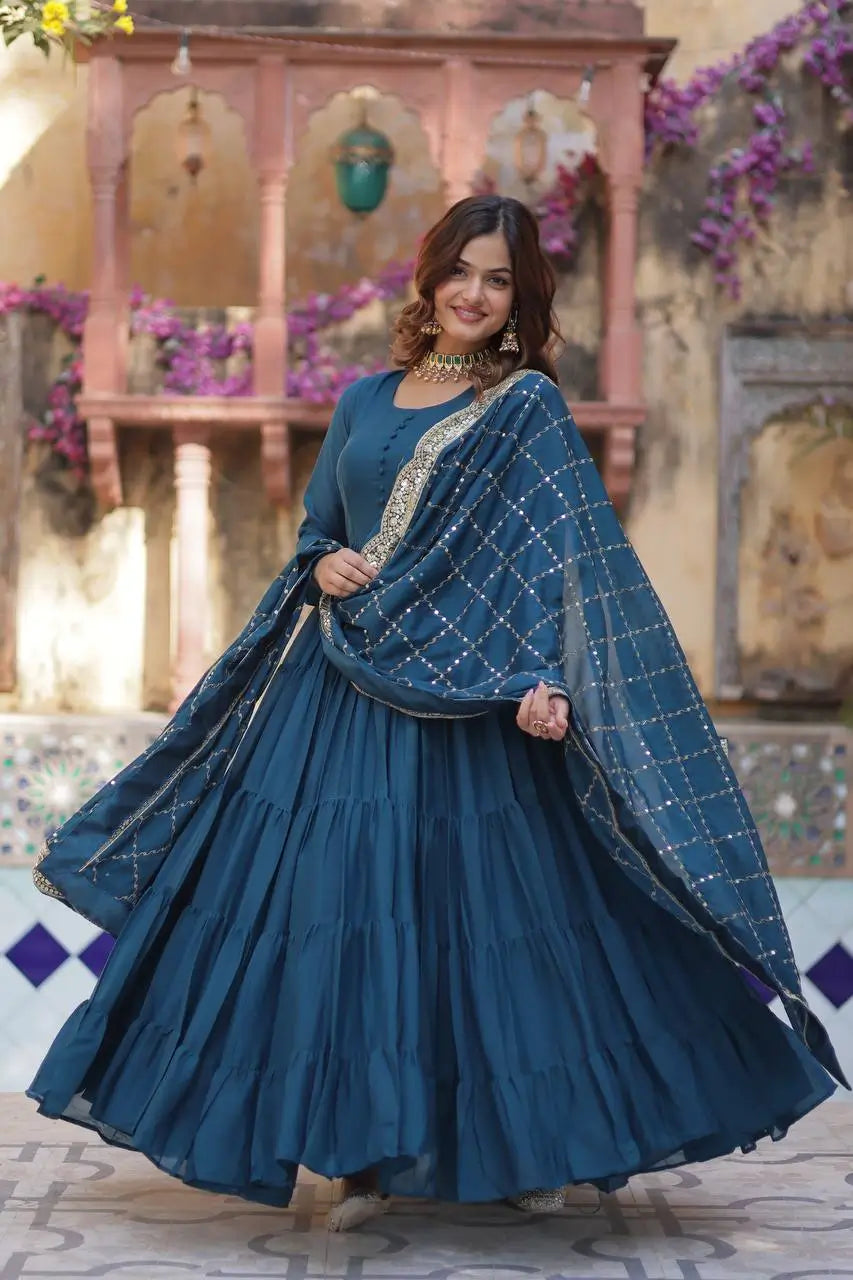 Cyan Blue Georgette Fully Flair Gown With Embroidery Work Dupatta - qivii