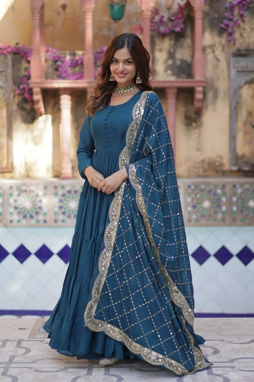 Cyan Blue Georgette Fully Flair Gown With Embroidery Work Dupatta - qivii