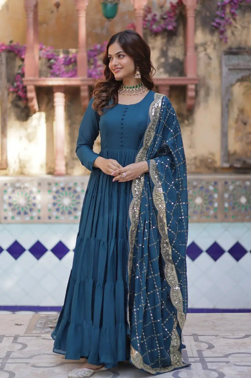 Cyan Blue Georgette Fully Flair Gown With Embroidery Work Dupatta - qivii