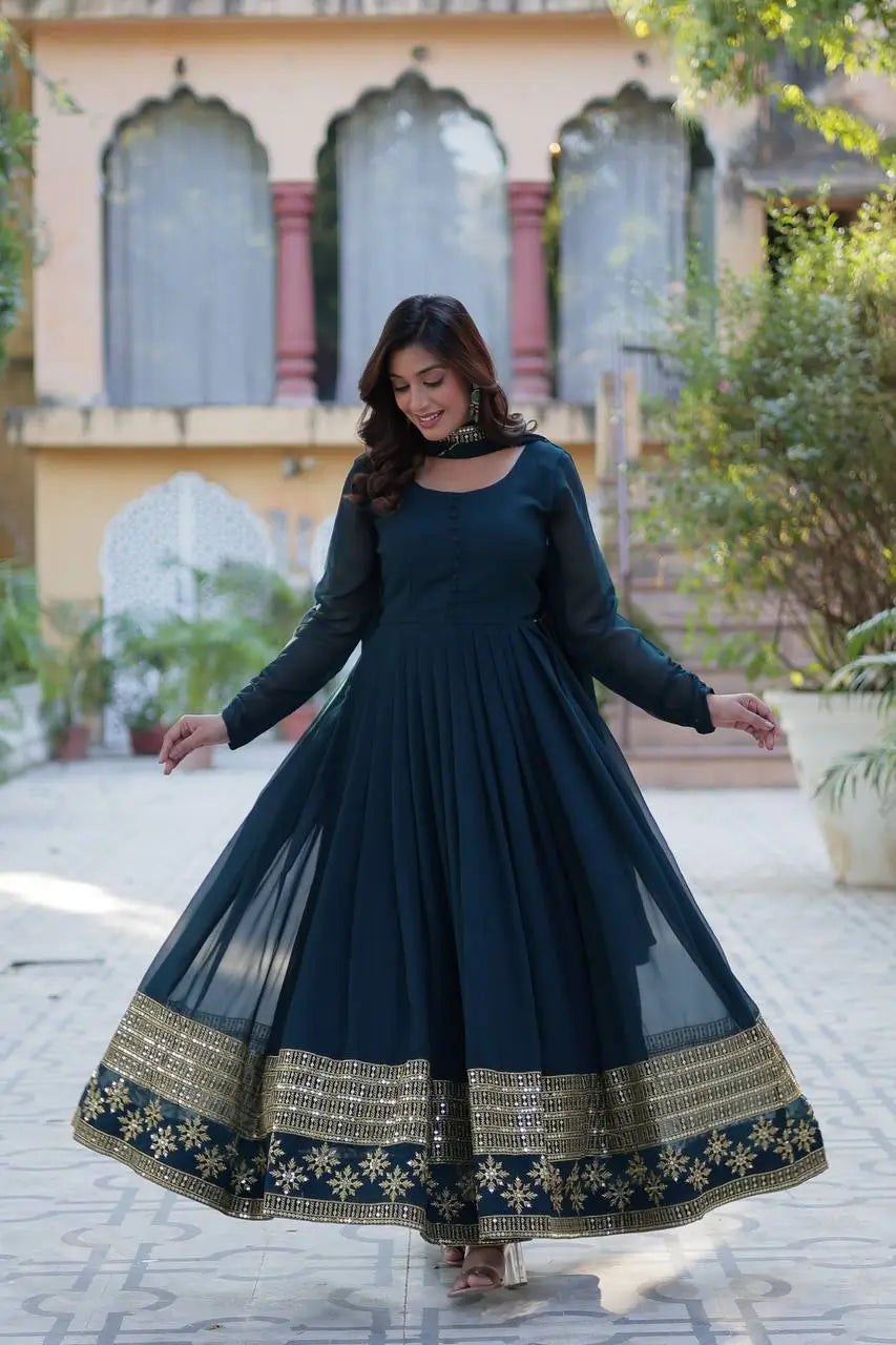 Dark Teal Blue Georgette Gown With Multi Sequins Embroidery Work With Dupatta - qivii