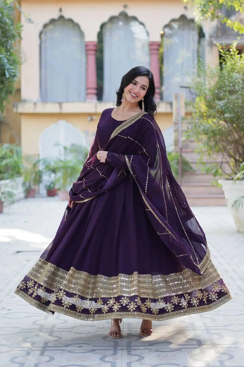 Deep Wine Georgette Gown With Multi Sequins Embroidery Work With Dupatta - qivii