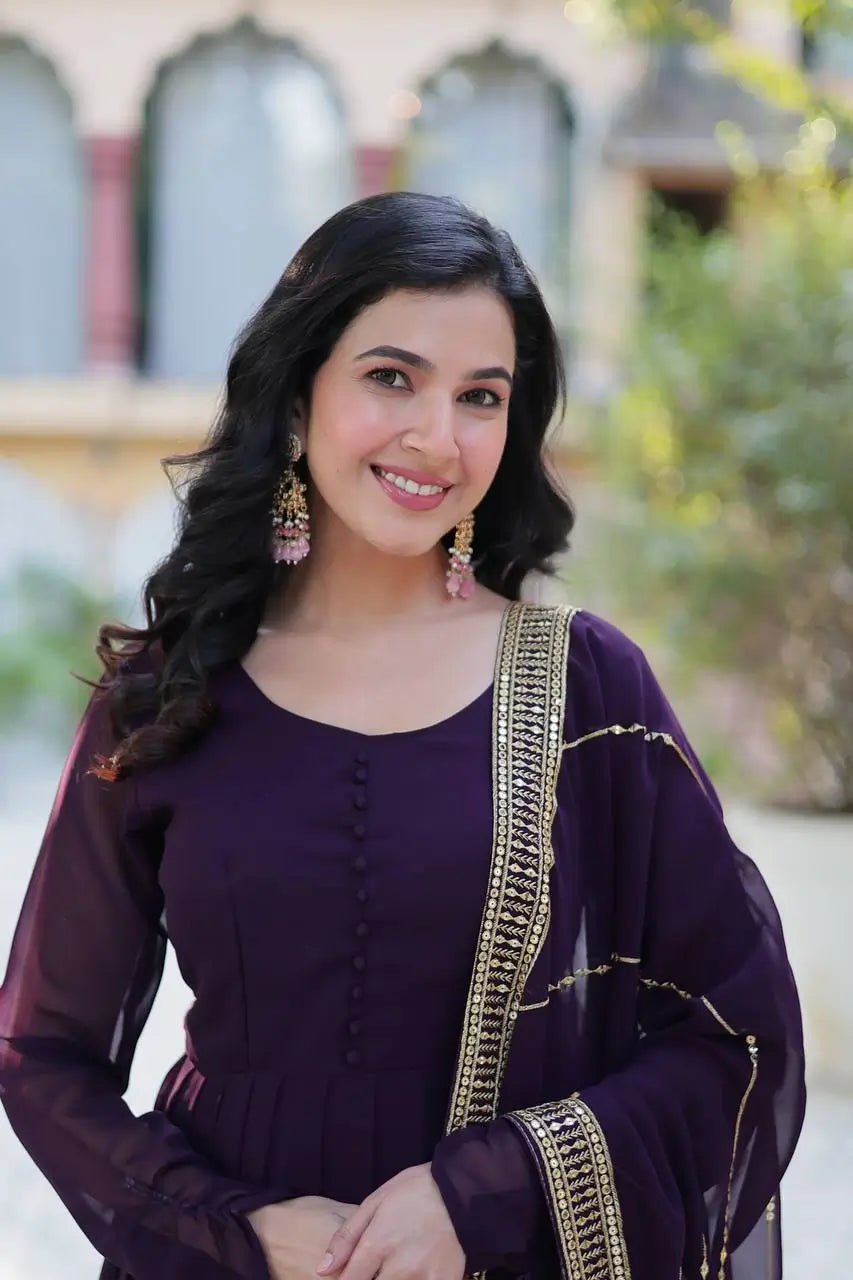 Deep Wine Georgette Gown With Multi Sequins Embroidery Work With Dupatta - qivii