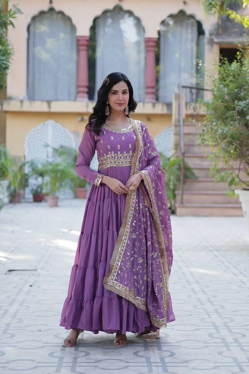 Dark Lavender Georgette Fully Flair Gown With Embroidery Work With Heavy Dupatta - qivii