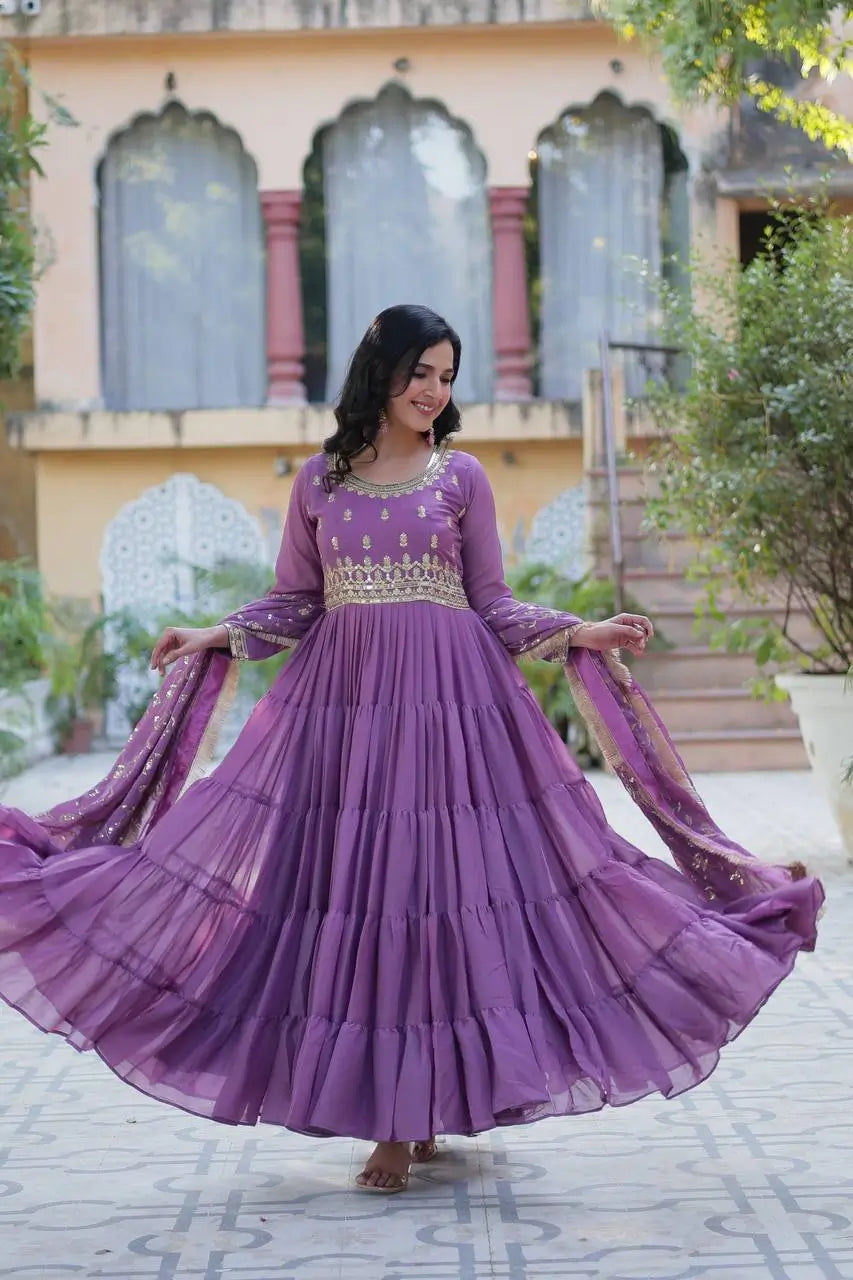 Dark Lavender Georgette Fully Flair Gown With Embroidery Work With Heavy Dupatta - qivii