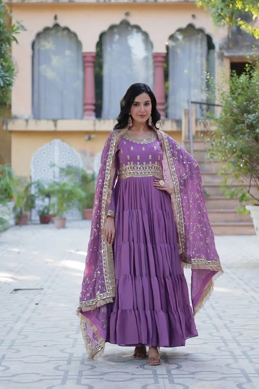 Dark Lavender Georgette Fully Flair Gown With Embroidery Work With Heavy Dupatta - qivii