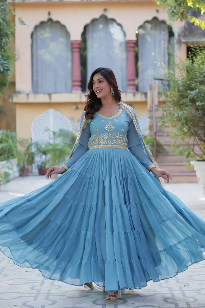 Sky Blue Embroidery Work Georgette Fully Flair Gown And Heavy Dupatta - qivii