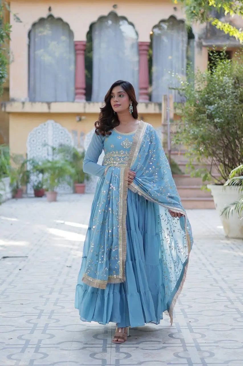 Sky Blue Embroidery Work Georgette Fully Flair Gown And Heavy Dupatta - qivii