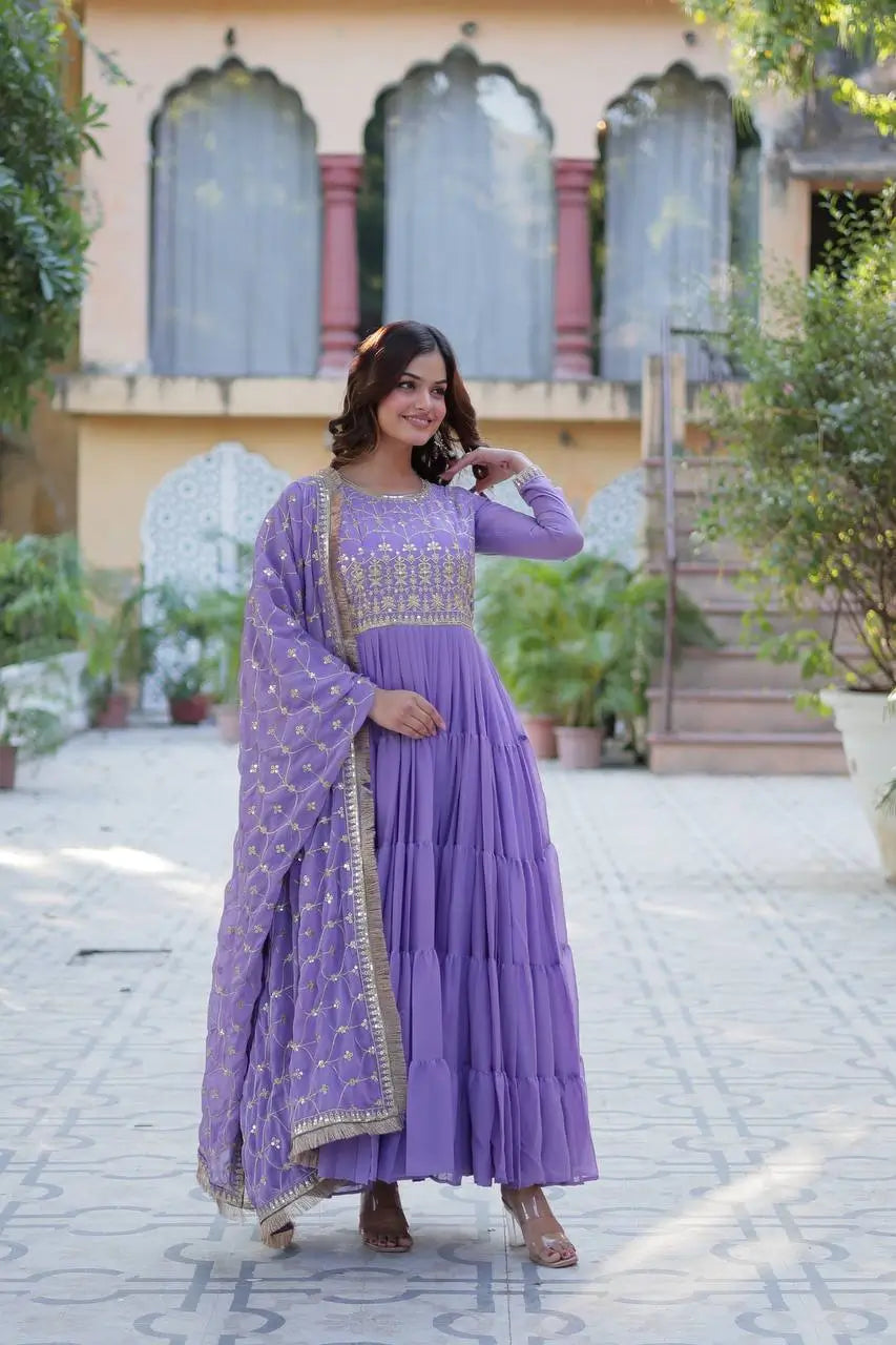 Light Purple Georgette Fully Flair Gown With Embroidery Work And Heavy Dupatta - qivii