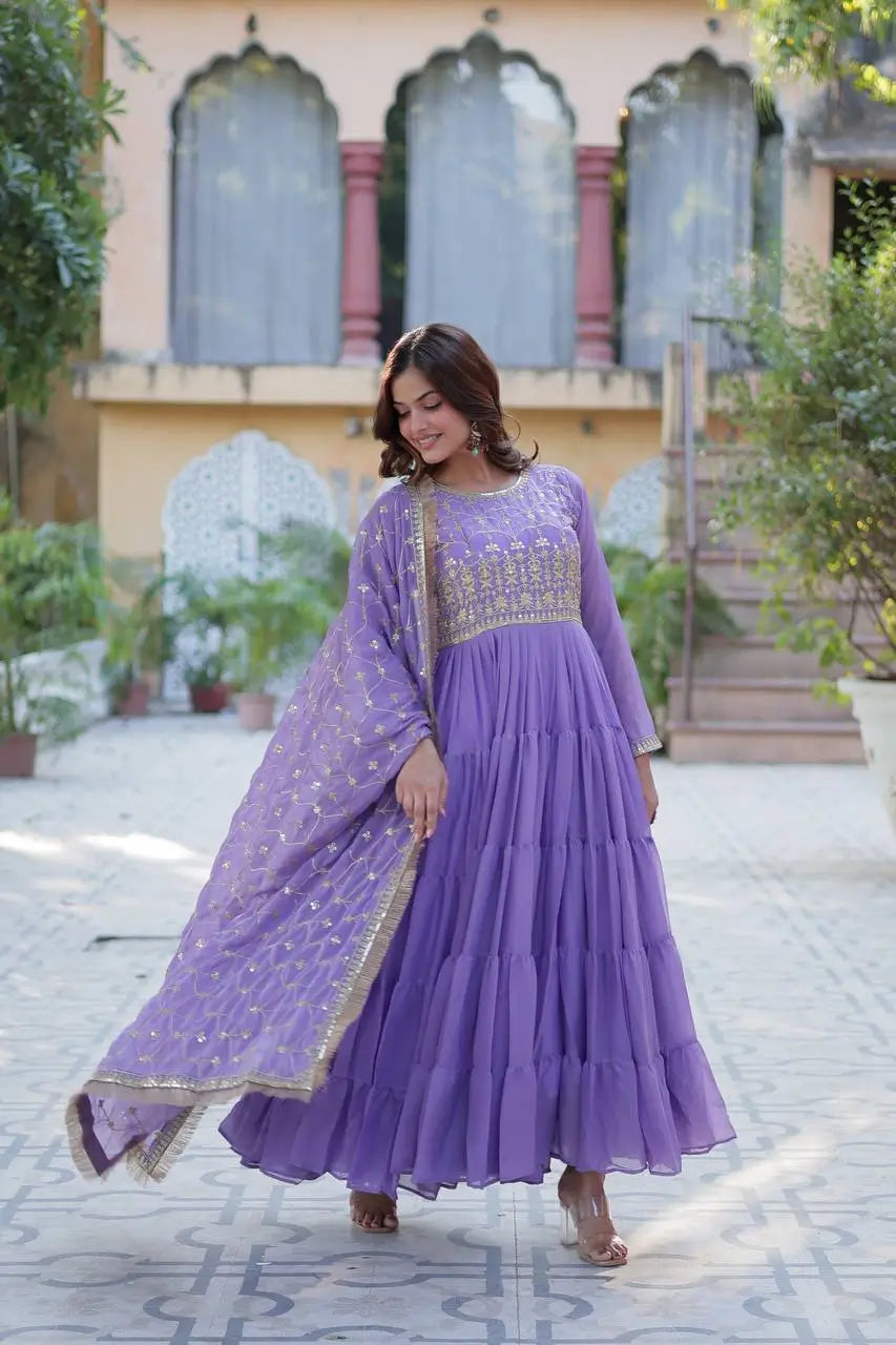 Light Purple Georgette Fully Flair Gown With Embroidery Work And Heavy Dupatta - qivii