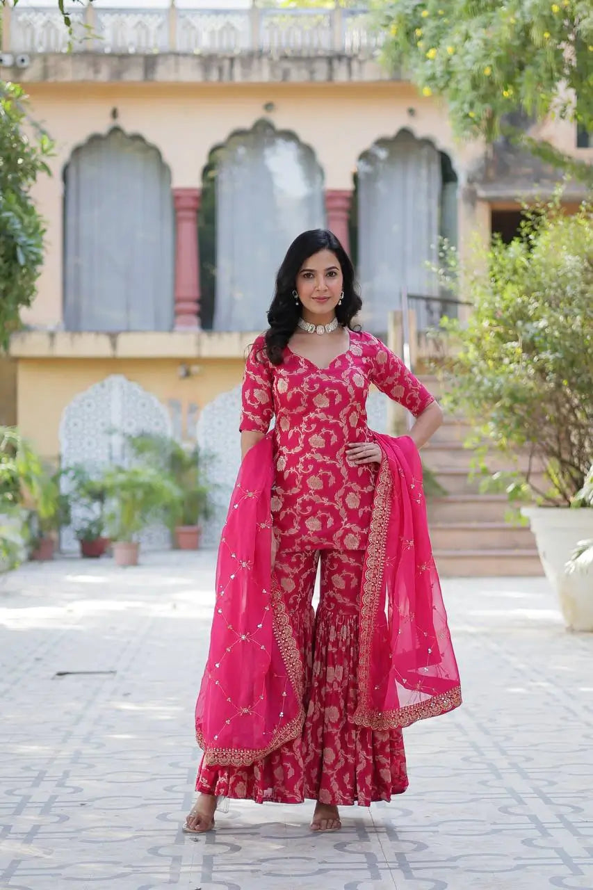 Rani Pink Georgette Jacquard Salwar Suit With Dupatta - qivii