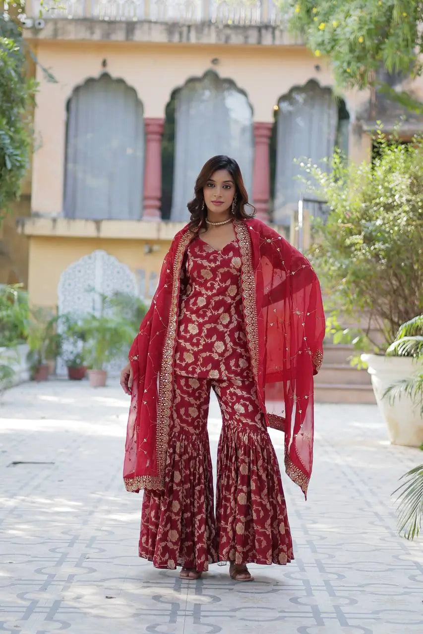 Dark Maroon Georgette Jacquard Salwar Suit With Dupatta - qivii