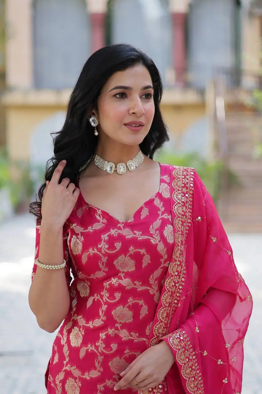 Rani Pink Georgette Jacquard Salwar Suit With Dupatta - qivii