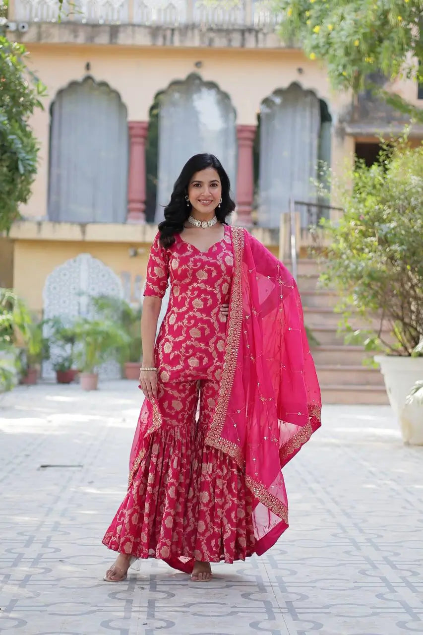 Rani Pink Georgette Jacquard Salwar Suit With Dupatta - qivii