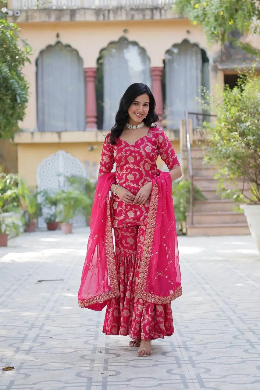 Rani Pink Georgette Jacquard Salwar Suit With Dupatta - qivii