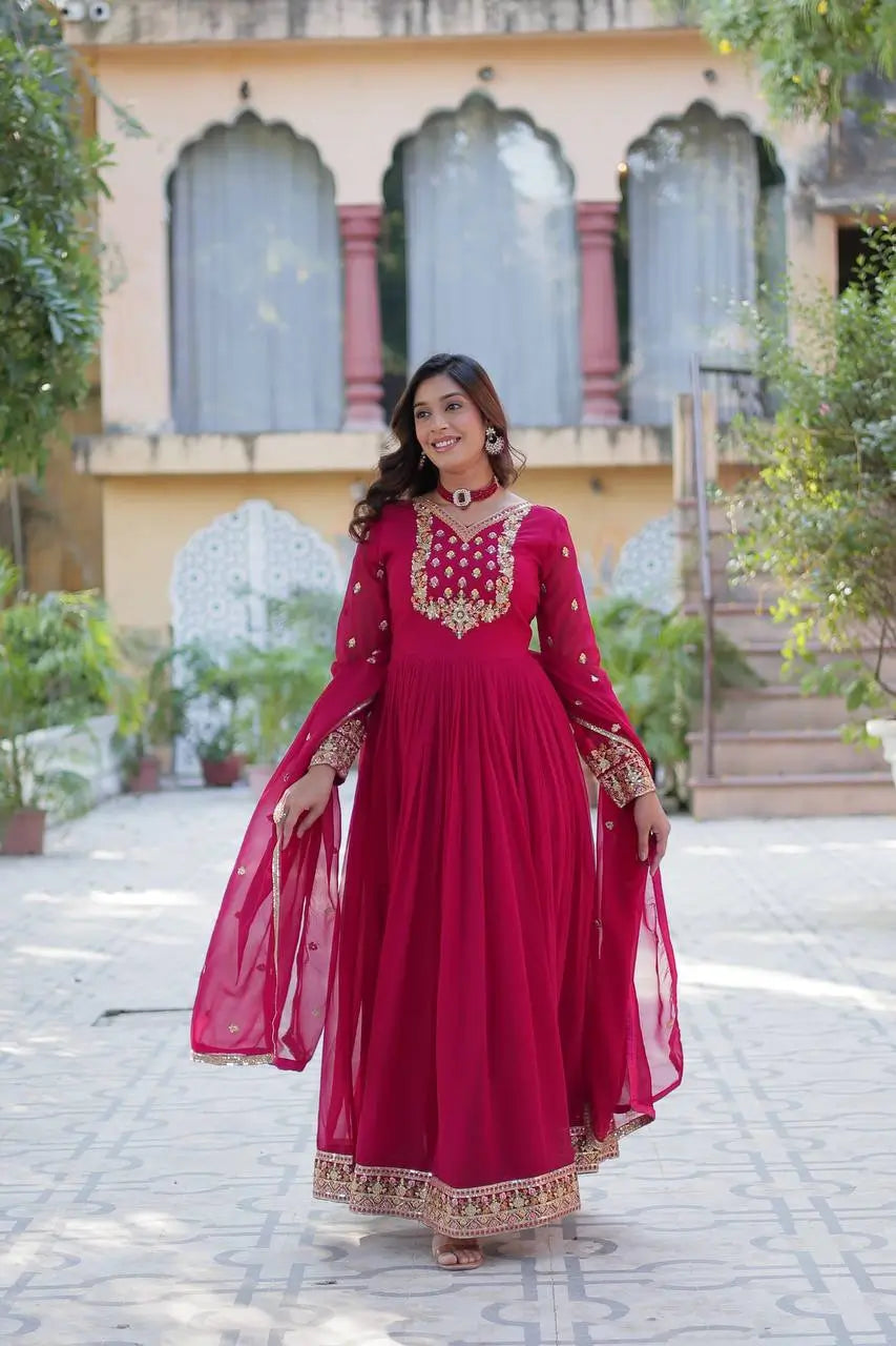 Pink Georgette Gown With Rich Sequins Embroidered Work With Dupatta - qivii