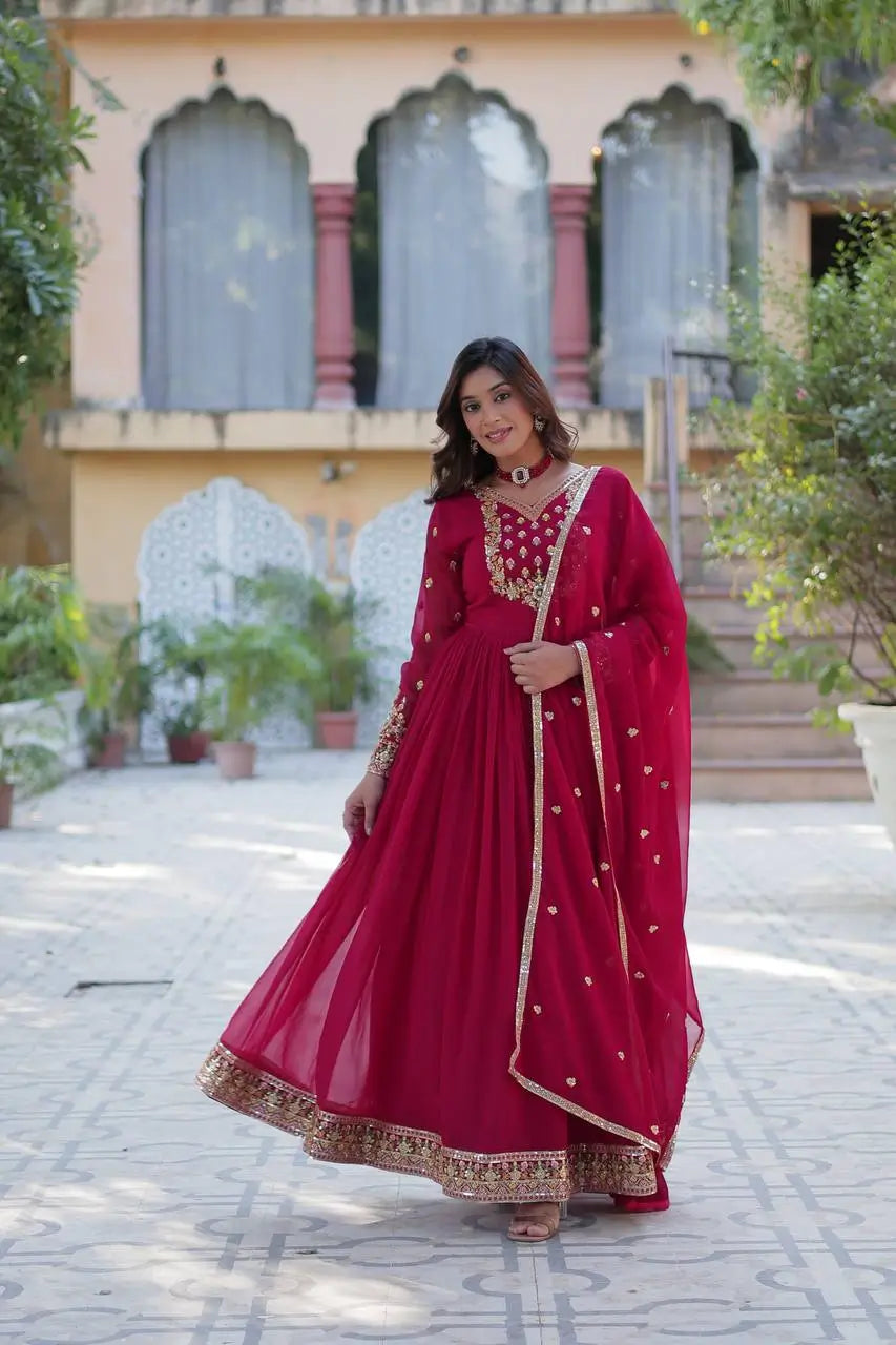 Pink Georgette Gown With Rich Sequins Embroidered Work With Dupatta - qivii