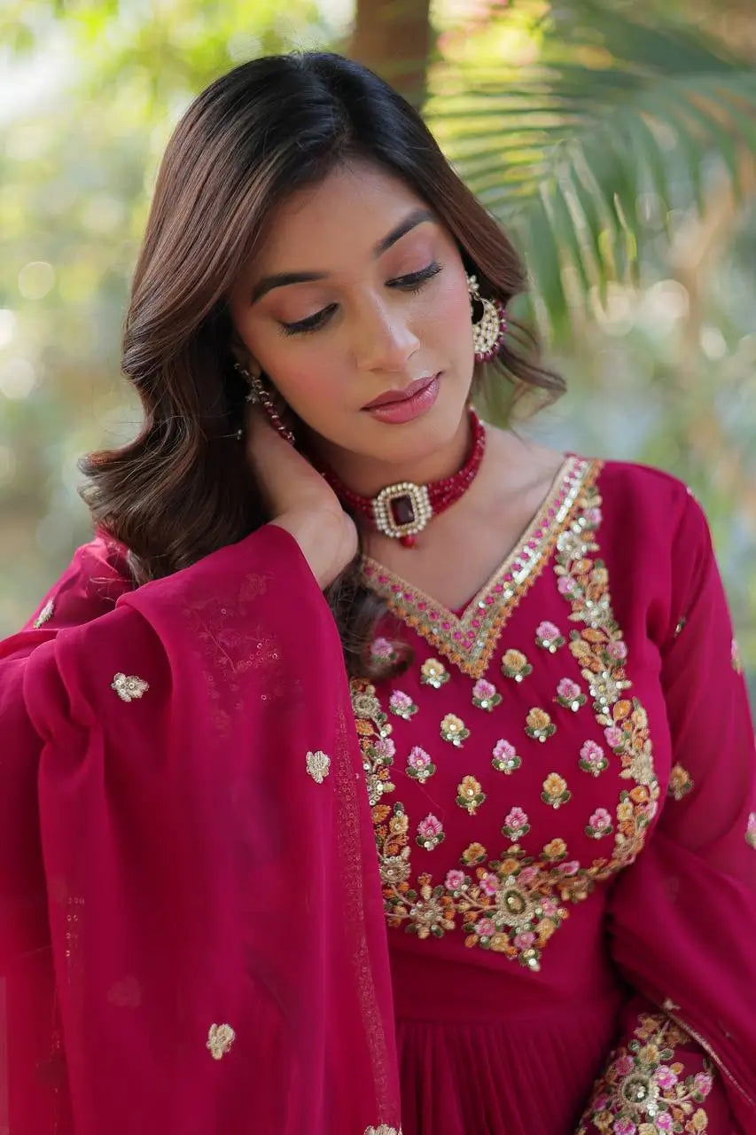 Pink Georgette Gown With Rich Sequins Embroidered Work With Dupatta - qivii