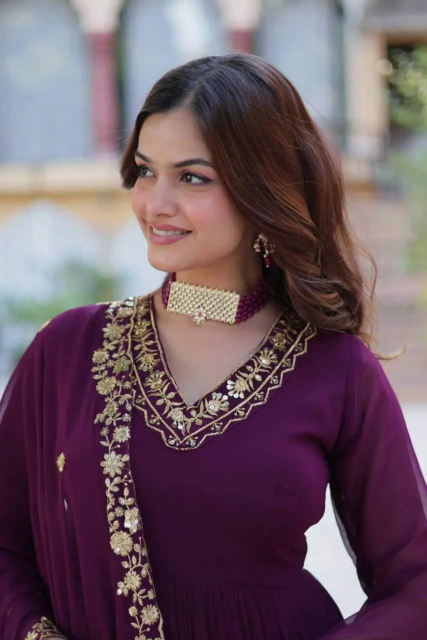 Very Dark Purple Zari Sequins Embroidery Work Georgette Gown With Dupatta - qivii