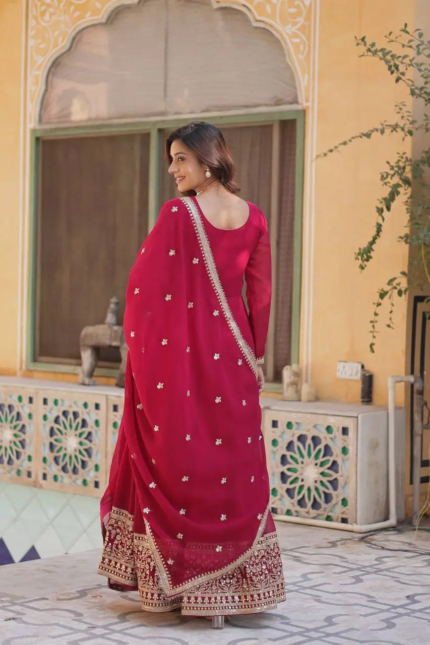 Carmine Red Faux Georgette Gown With Rich Sequins Embroidery Work - qivii