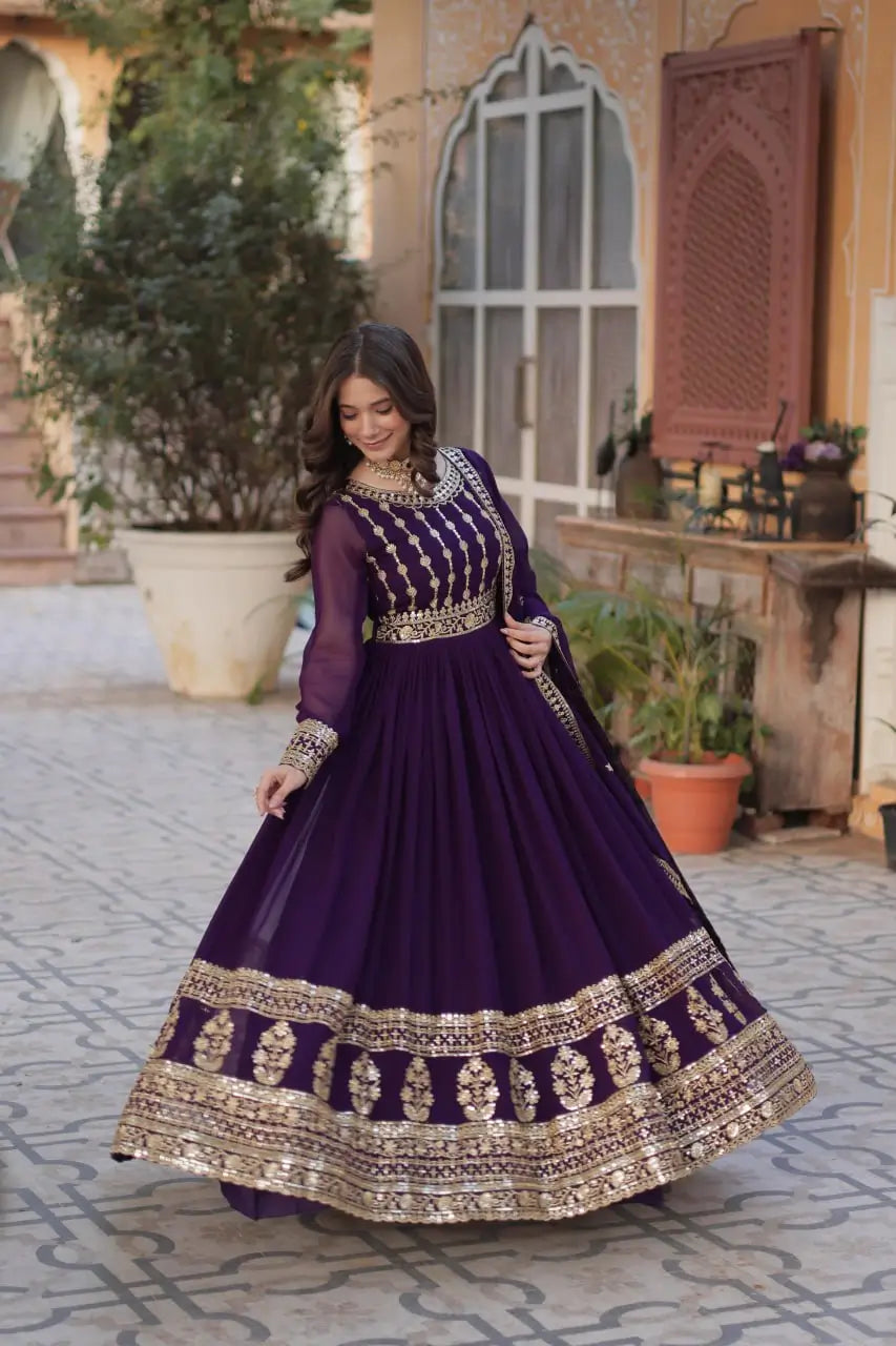 Dark Wine Zari Sequins Embroidery Work Gown And Dupatta - qivii