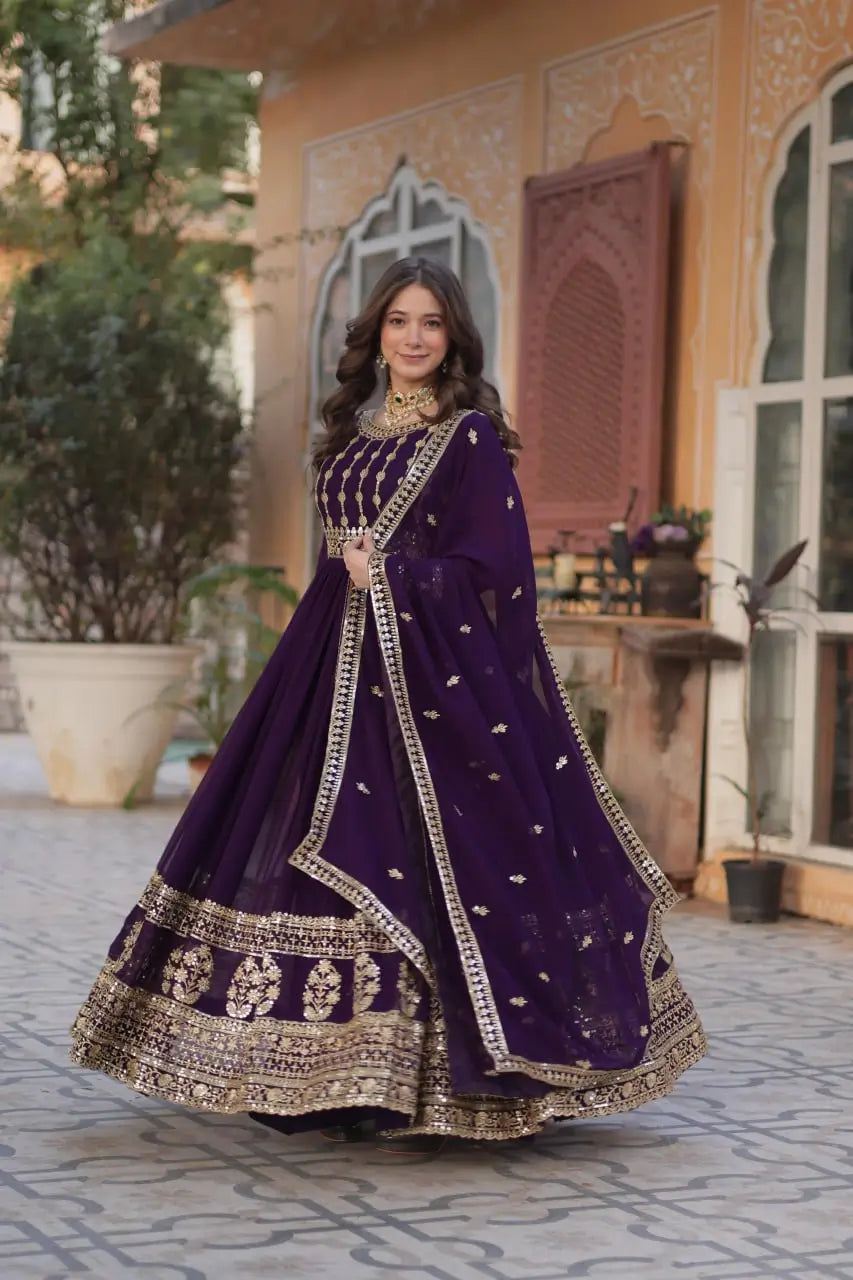 Dark Wine Zari Sequins Embroidery Work Gown And Dupatta - qivii