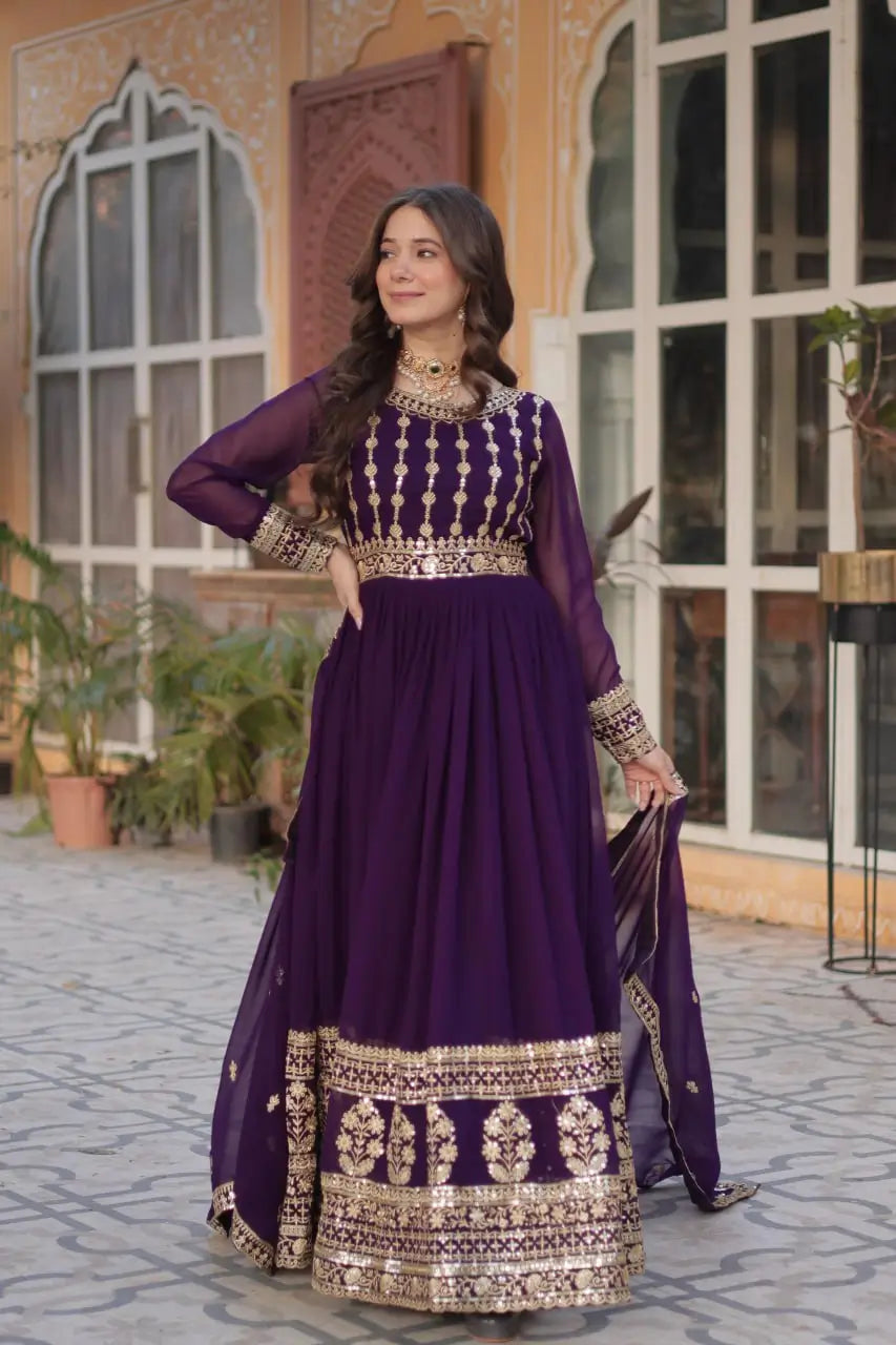 Dark Wine Zari Sequins Embroidery Work Gown And Dupatta - qivii