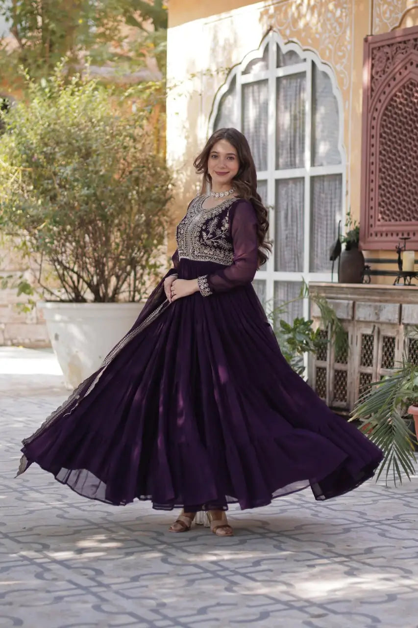 Magenta Purple Georgette Attractive Embroidery Pearl Work Gown With Dupatta - qivii